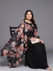 Black & Pink Plus Size Maxi Ethnic Dress with Cape-AP-AHDRCFDPGL-928-FF