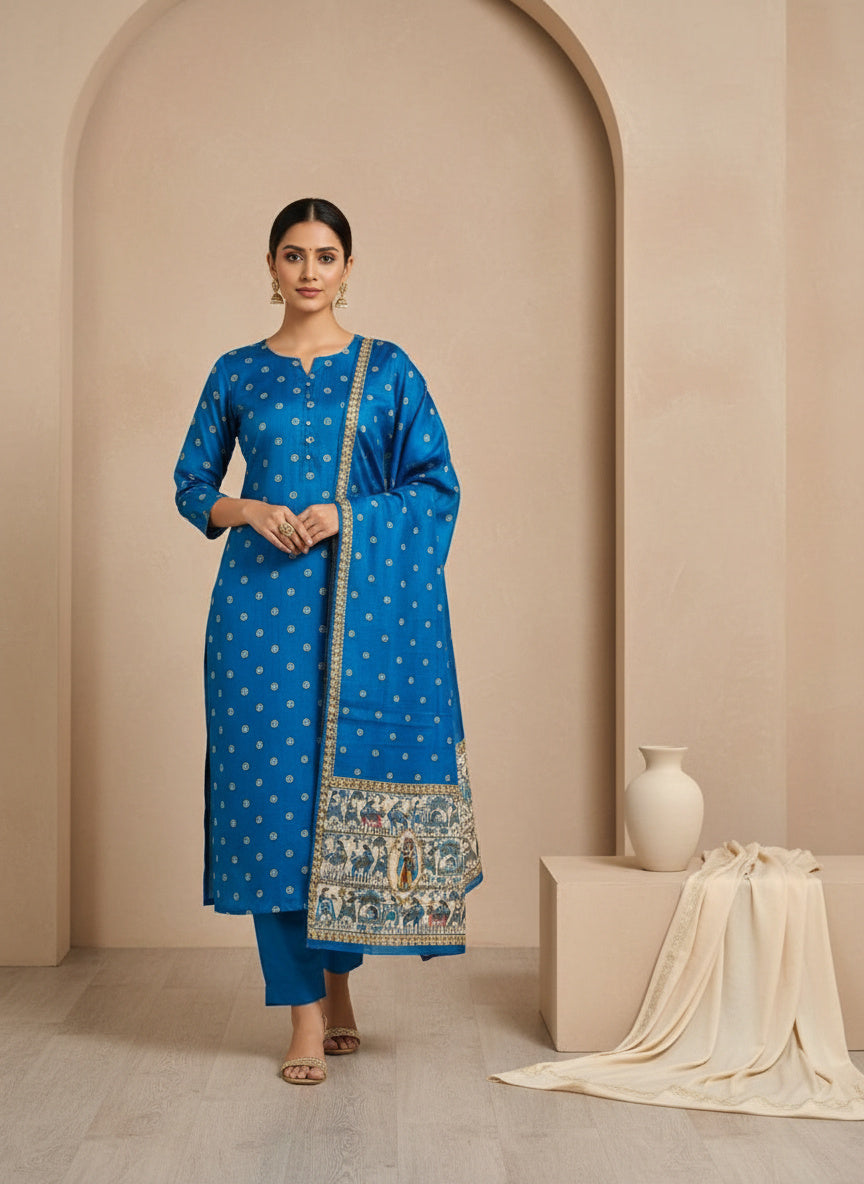Cotton Blend Kurta Set for Women - Blue | MLWSHKS9305BLU | DesiQlo