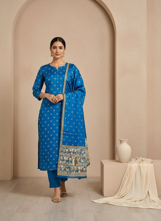 Cotton Blend Kurta Set for Women - Blue | MLWSHKS9305BLU 864