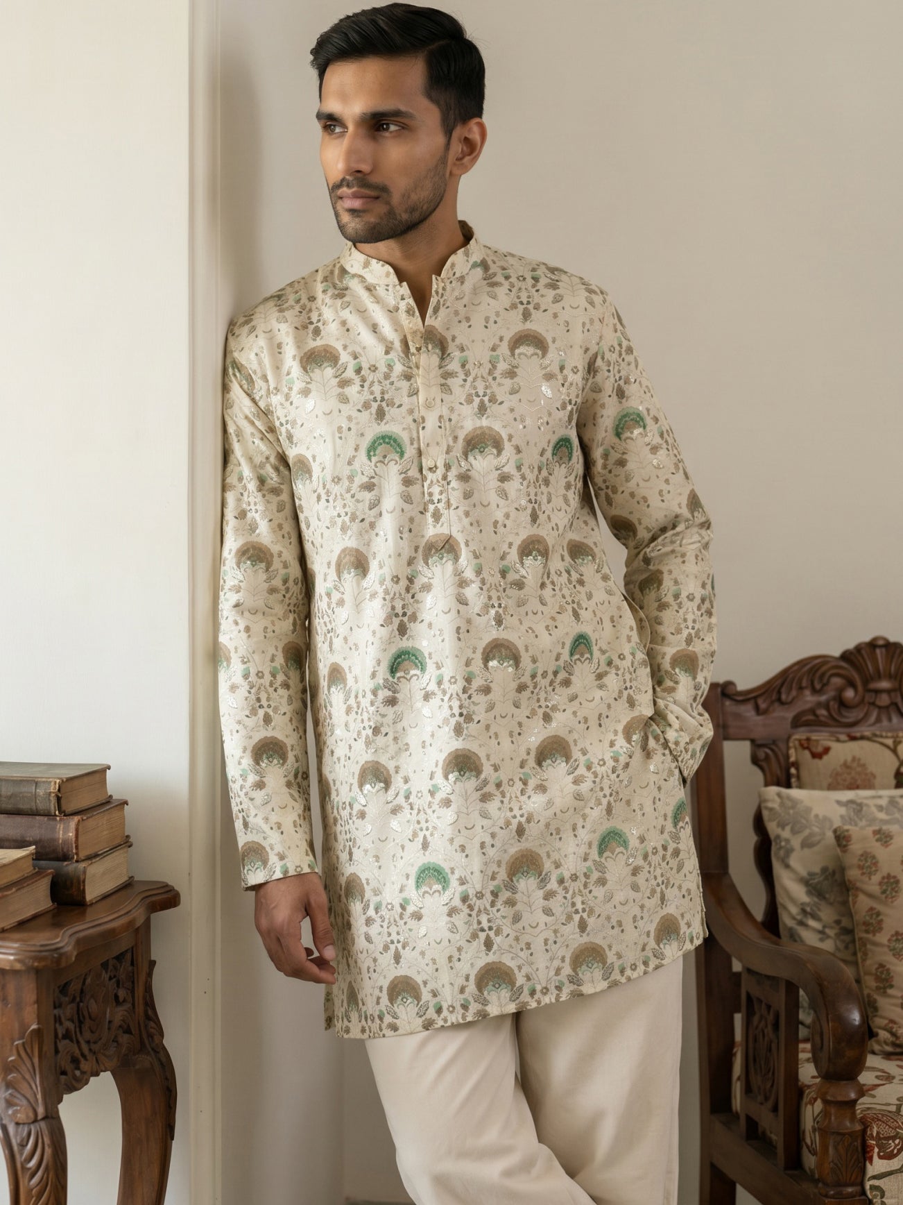 DesiQlo Men Printed Kurta Only - Beige - 65KO_5587Cream_S