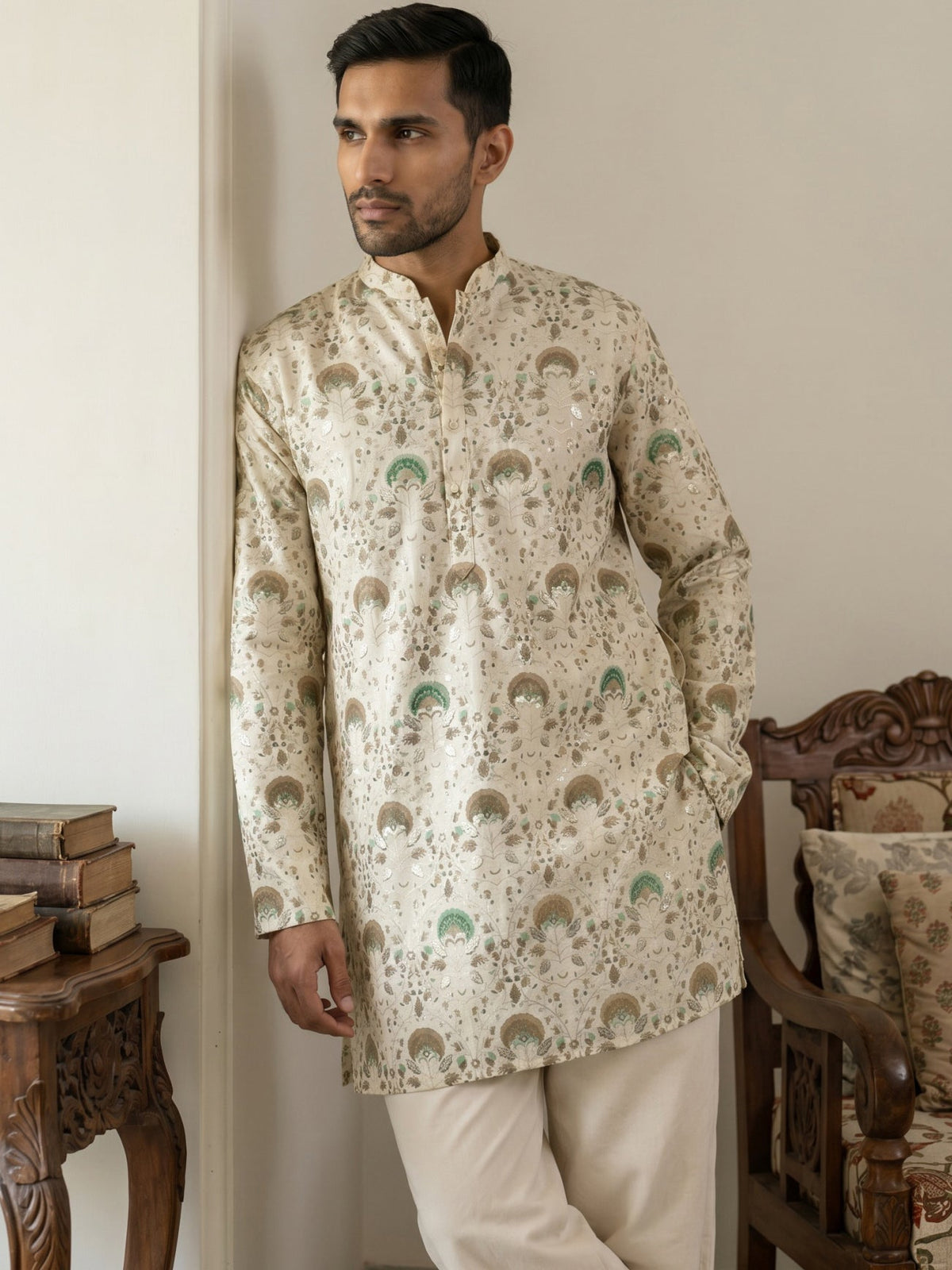Silk Blend Foil Print Kurta ( 65KO 5587Cream )