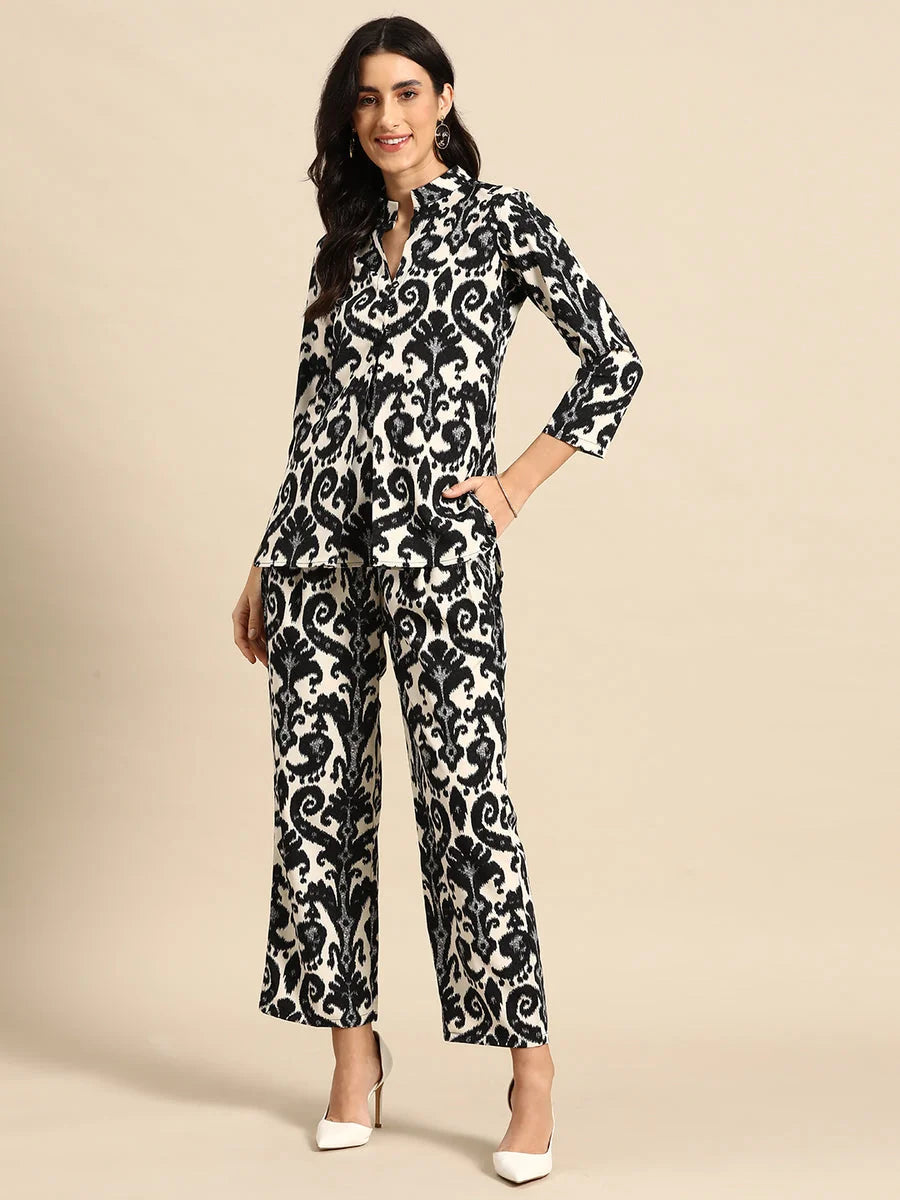 Black & Cream Ikkat Print Box Pleat Shirt & Flare Plants
