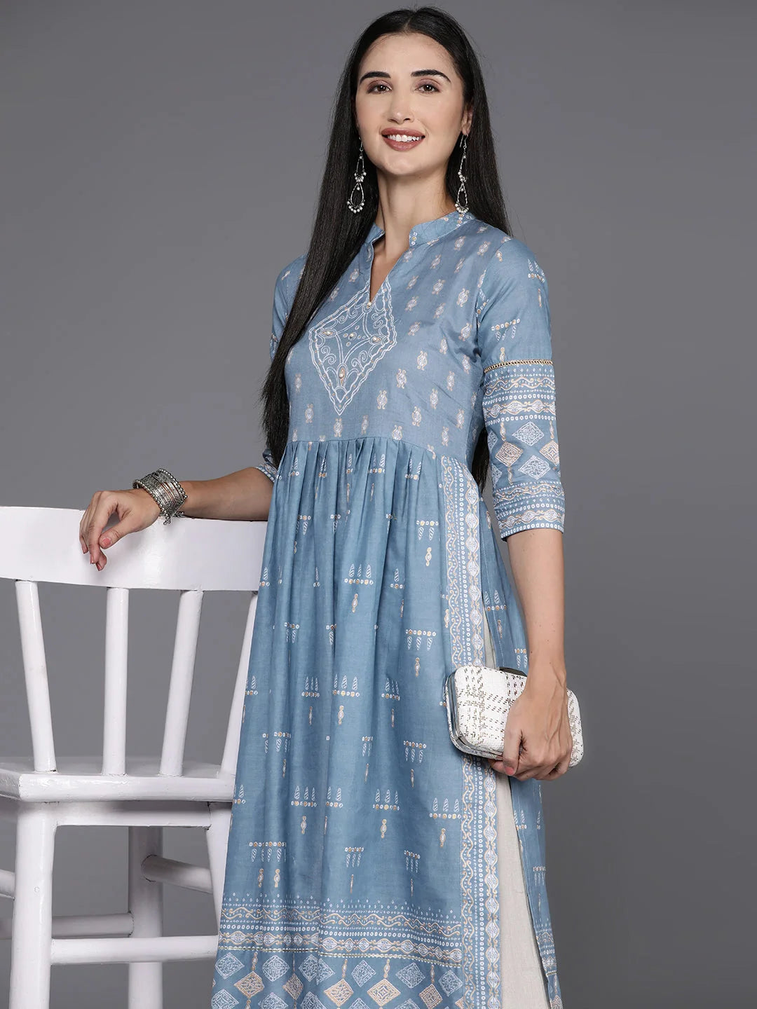 Blue & White Geometric Cotton Kurta - Indian Kurta Ladies