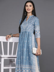 Blue & White Printed Pure Cotton Kurta-AHKUCOKH-1092