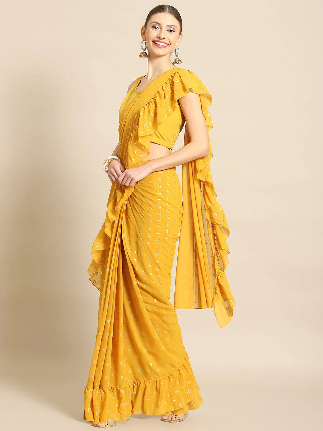 Yellow Ruffle Sari: Ready to Wear Indian Sari Style