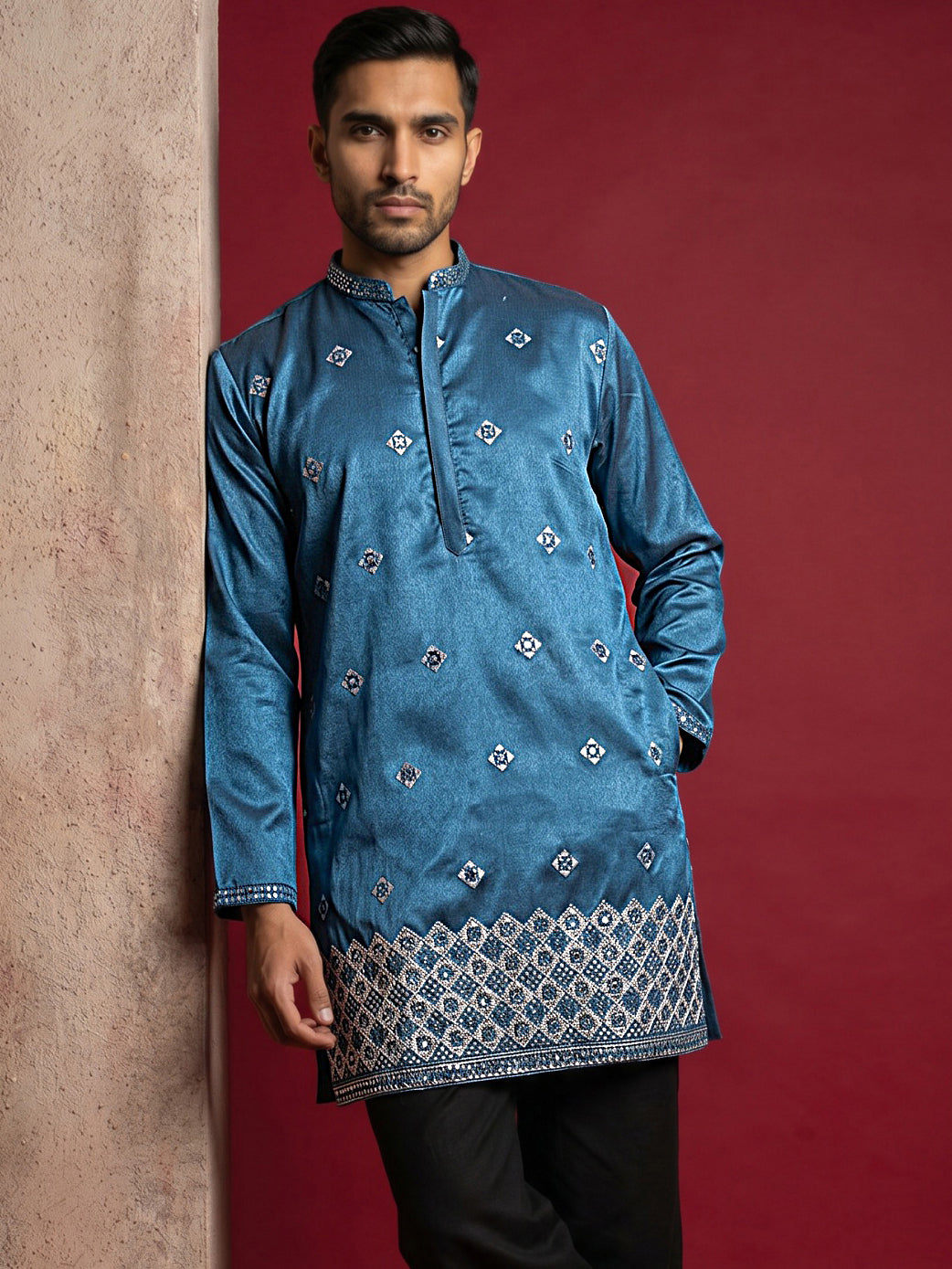 Silk Blend Embroidered Kurta for Men ( 65KO 5598Peacock ) [FF] [G-4]