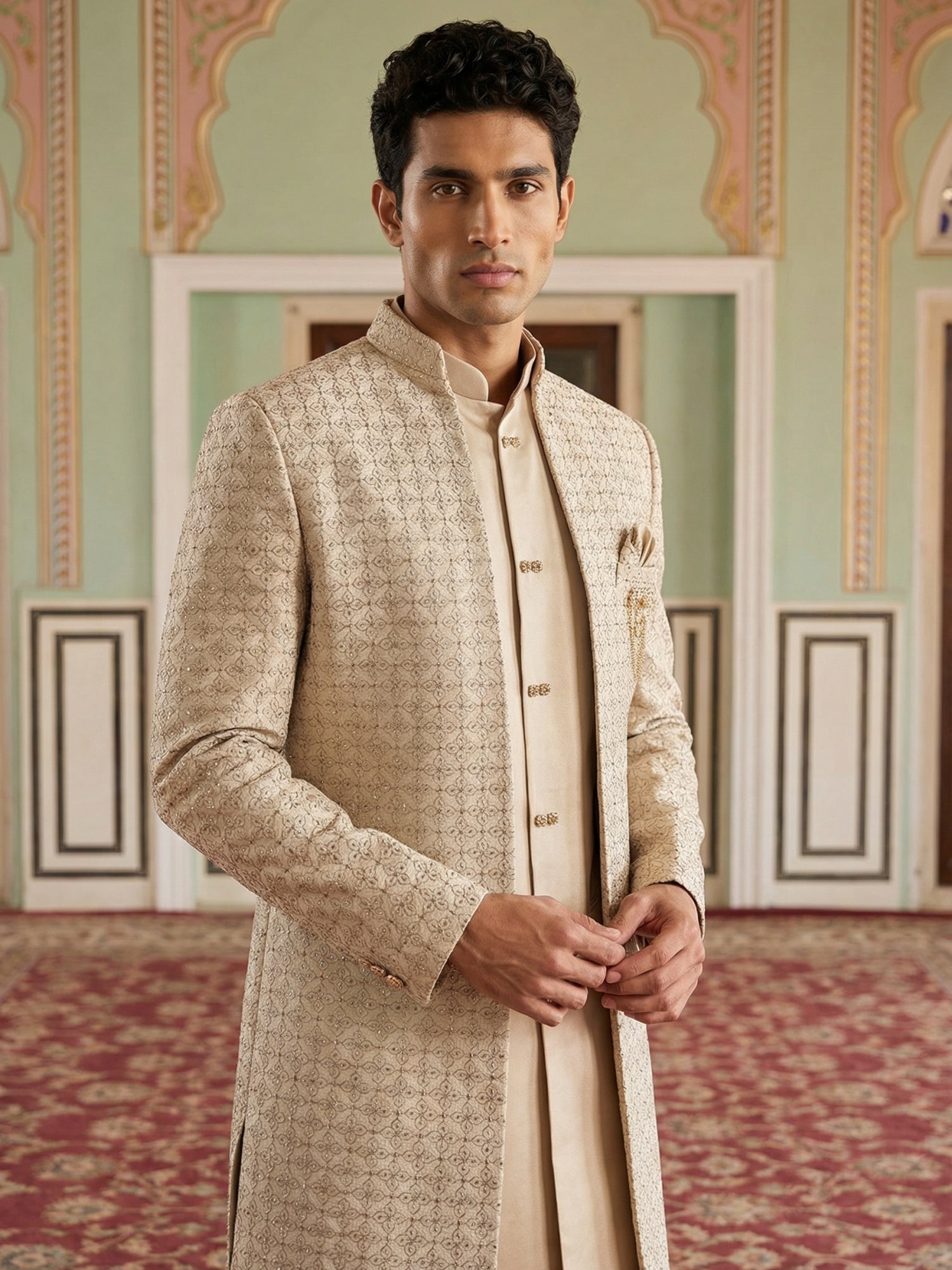 DesiQlo Men Embroidered Indo Western Set - Beige - 50JIND_131Cream_S