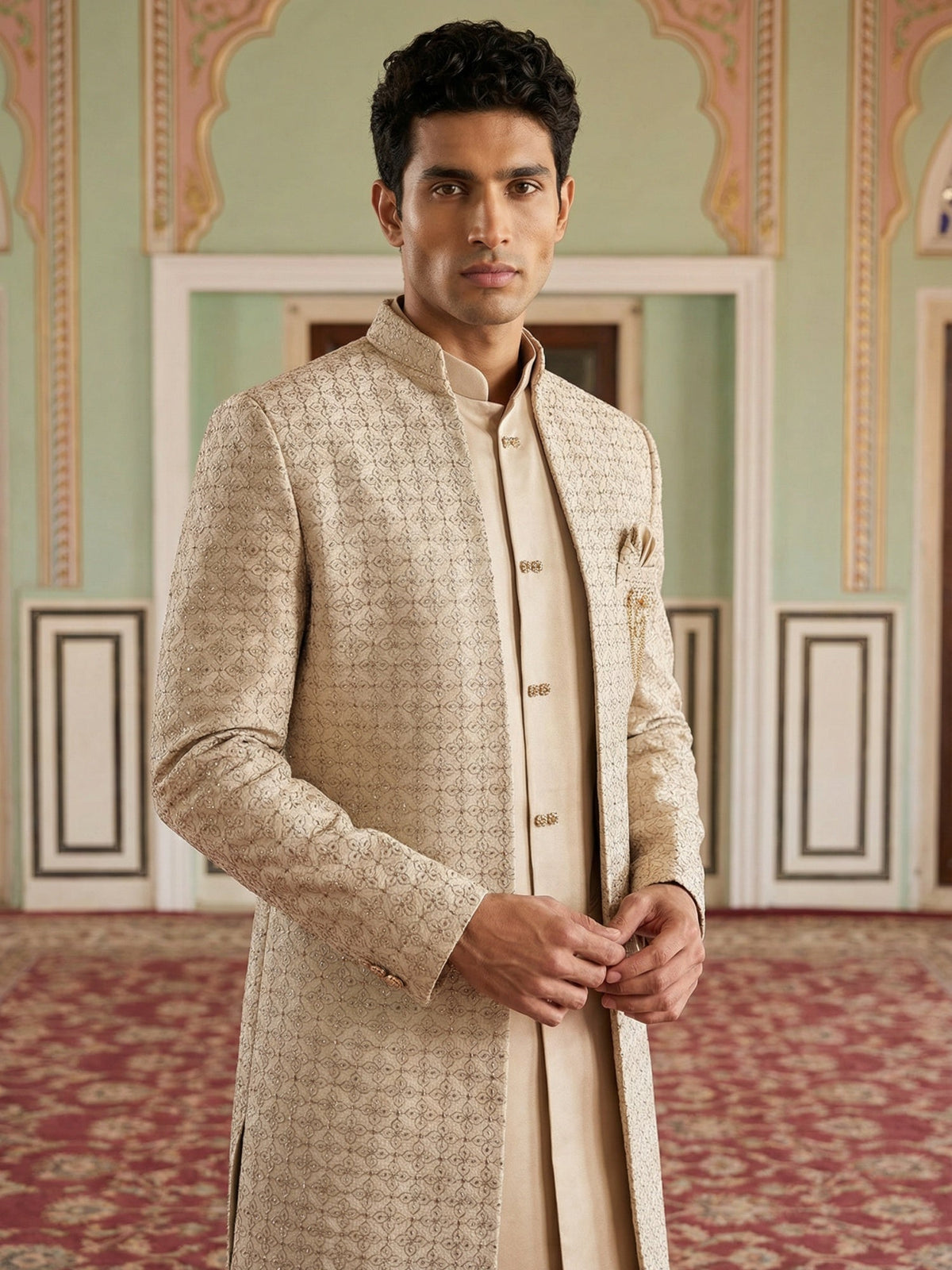 Men’s Embroidered Indo-Western Set ( 50JIND 131Cream S )