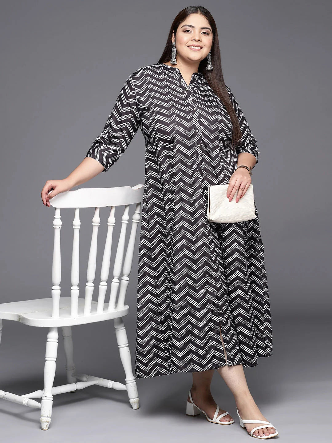 Black & White Plus Size Chevron Print Midi Ethnic Dress-AP-AHKUCRKH-875