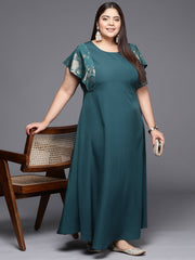 Teal Plus Size Floral Print A-line Maxi Ethnic Dress-AP-AHKUCRFP-699