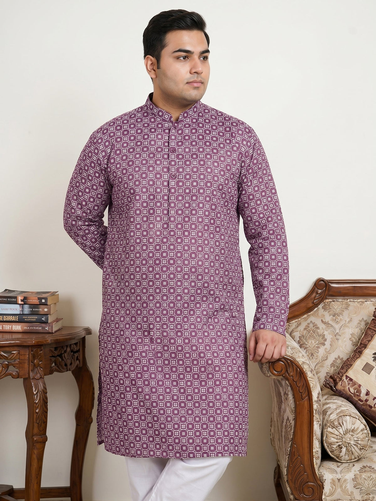 Men's Geometric Printed Kurta Set ( JOKP P 5198Purple  )