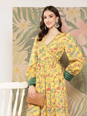Yellow Floral Printed Tie-Ups Empire Ethnic Dress-AHEDCRDP-157-ICH
