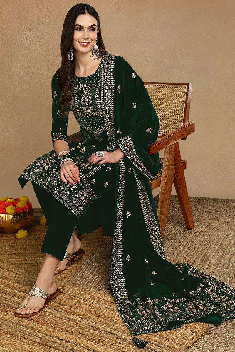 Green Velvet Ethnic Motifs Printed Straight Suit Set PKSKD2772 | DesiQ