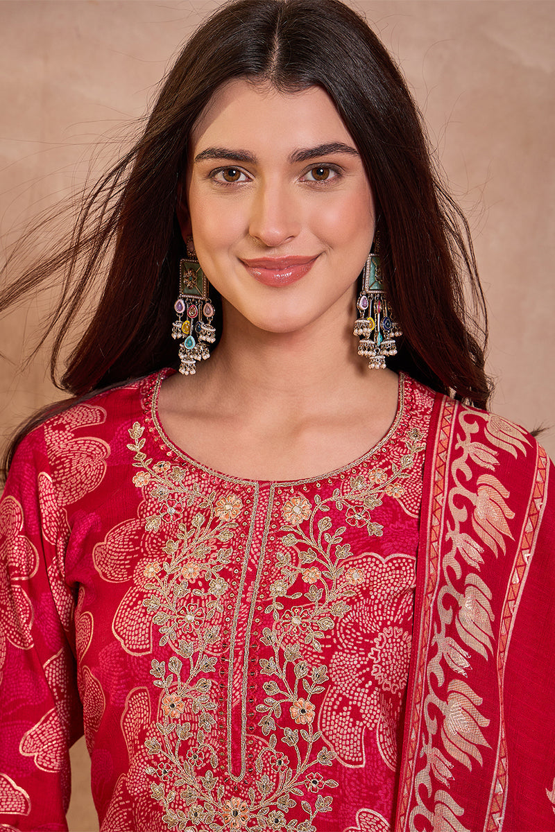 Pink  Floral Printed Straight Kurta Trouser With Dupatta VKSKD3208