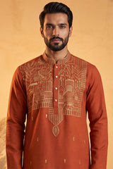 Orange Silk Blend Solid Emboidered Straight Kurta MKU2372