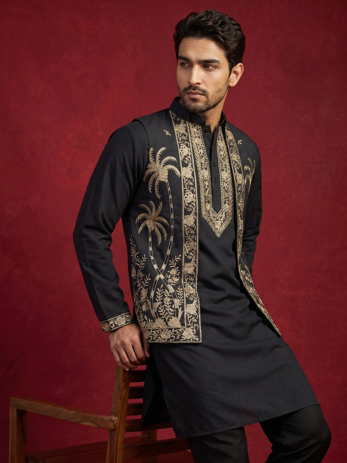 Men's Embroidered Waistcoat and Kurta Pyjama ( JOKPWCS 5080Black )