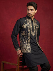 Men's Embroidered Waistcoat and Kurta Pyjama ( JOKPWCS 5080Black )