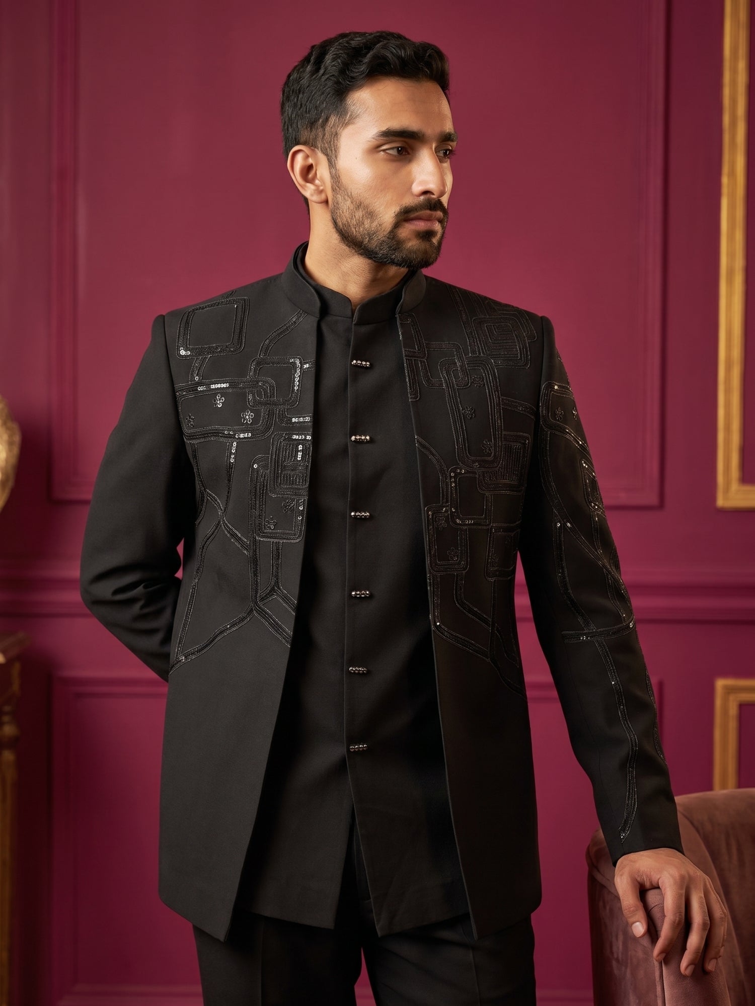 DesiQlo Men Embroidered Indo Western Set - Black - 50JIND_212Black_S