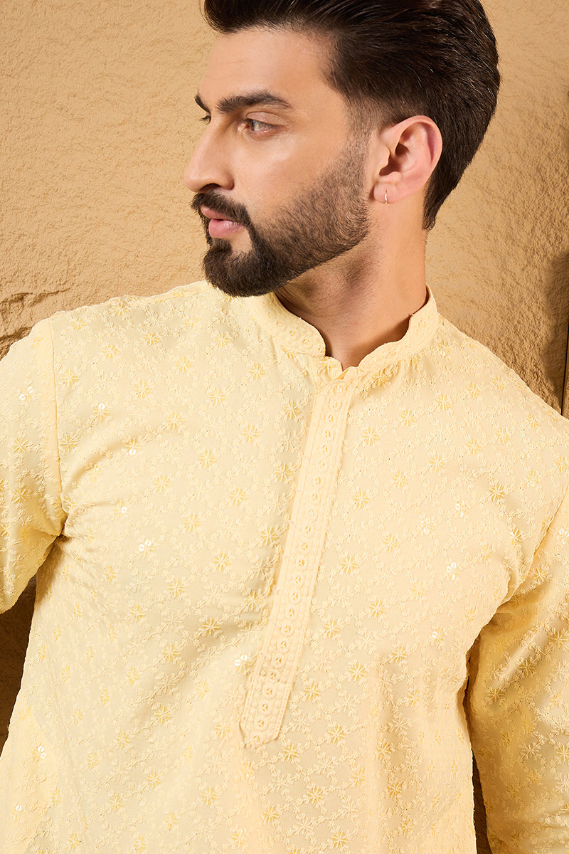Yellow Rayon Blend Solid Embroidered Straight Kurta MKU1218