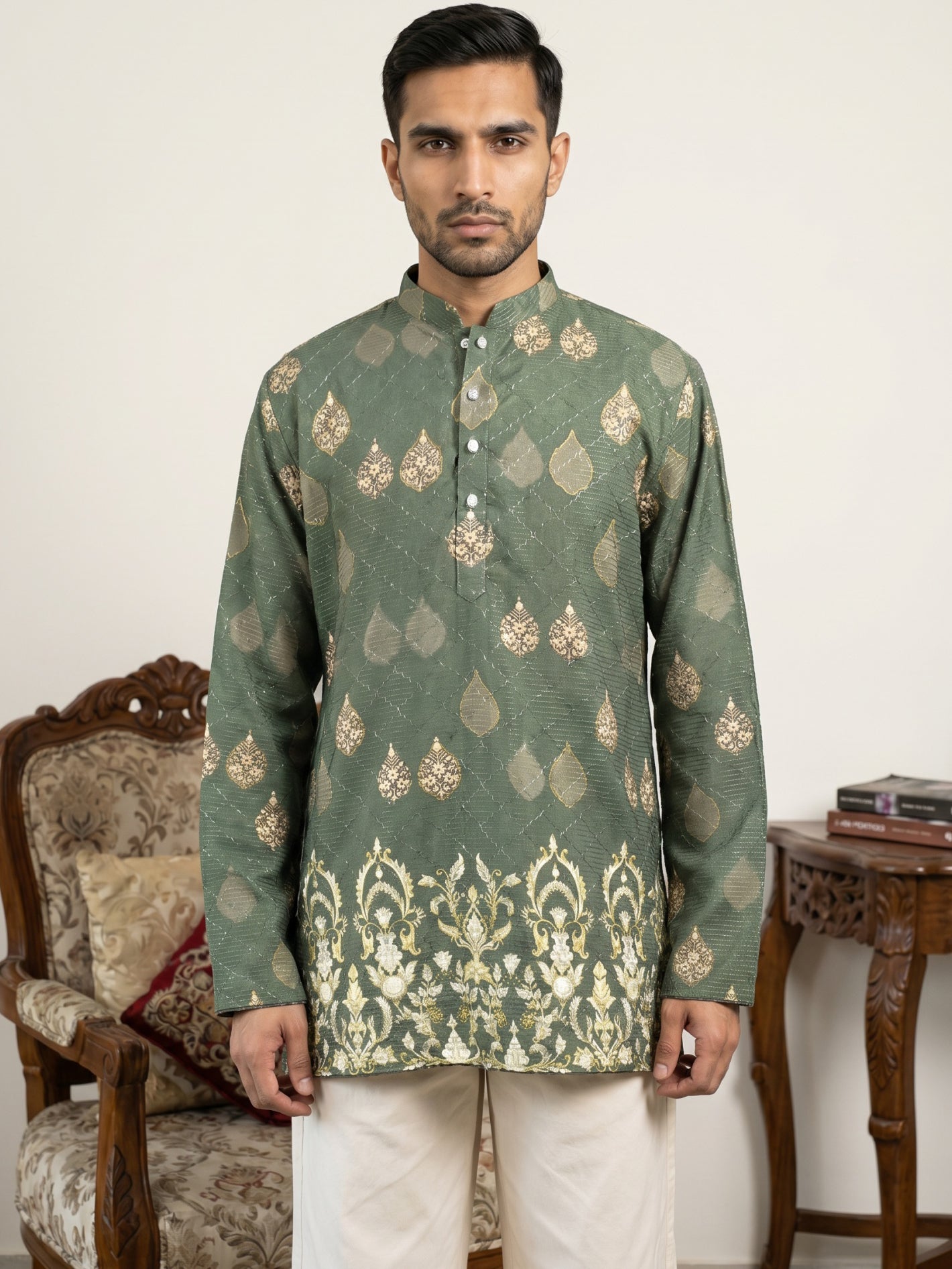 DesiQlo Men Printed Kurta Only - Green - 65KO_5590Olive_S