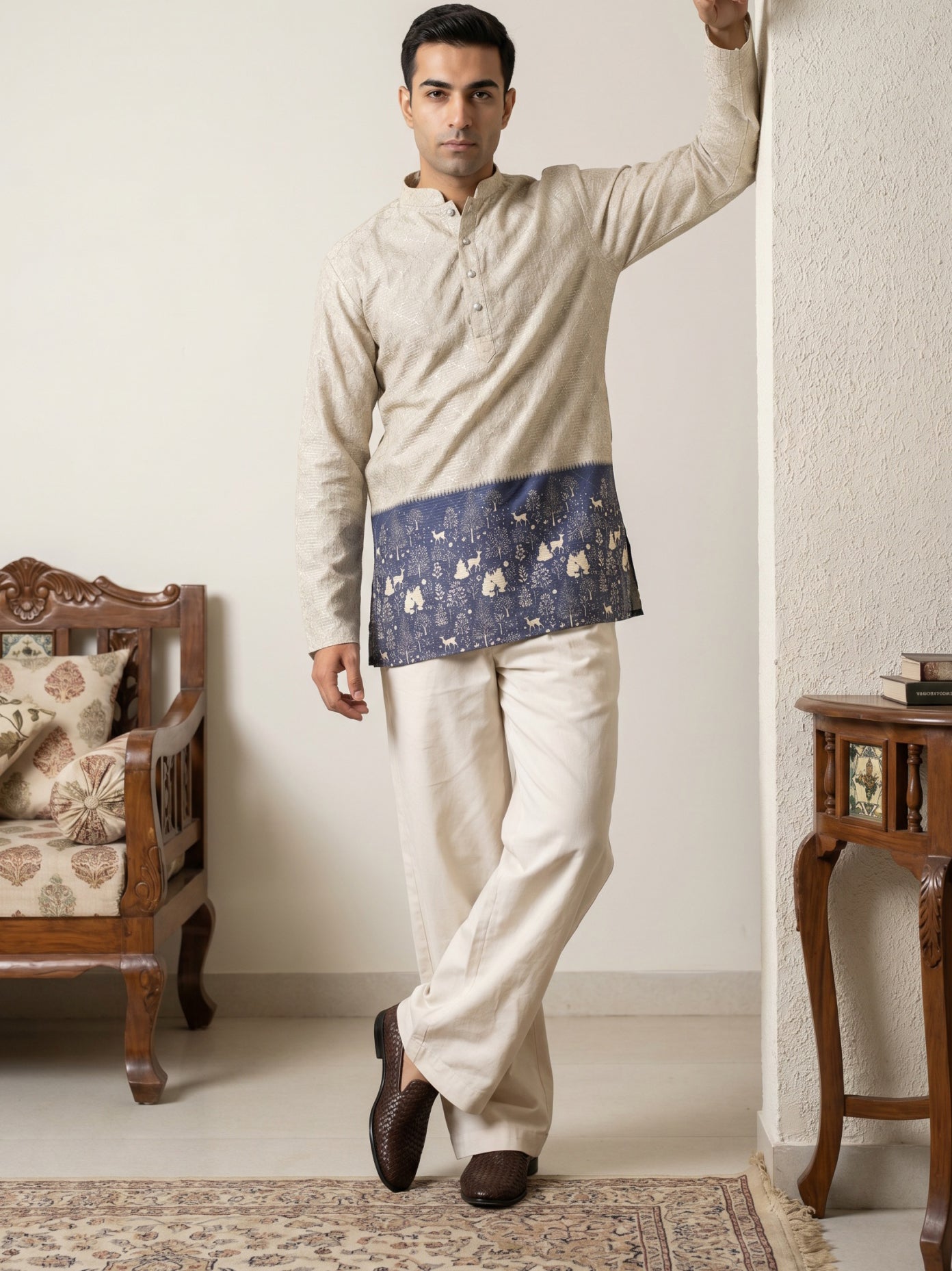 DesiQlo Men Printed Kurta Pyjama Set - Beige - 65KP_PJ11W_5591Beige_S