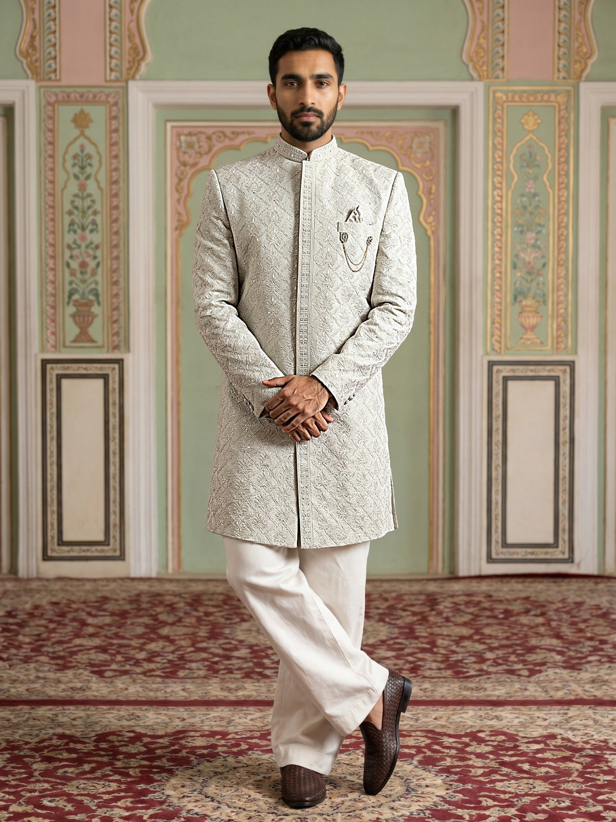 Men's Silk Blend Embroidered Indo-Western Set ( 50JIND 235Beige )