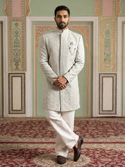 Men's Silk Blend Embroidered Indo-Western Set ( 50JIND 235Beige )