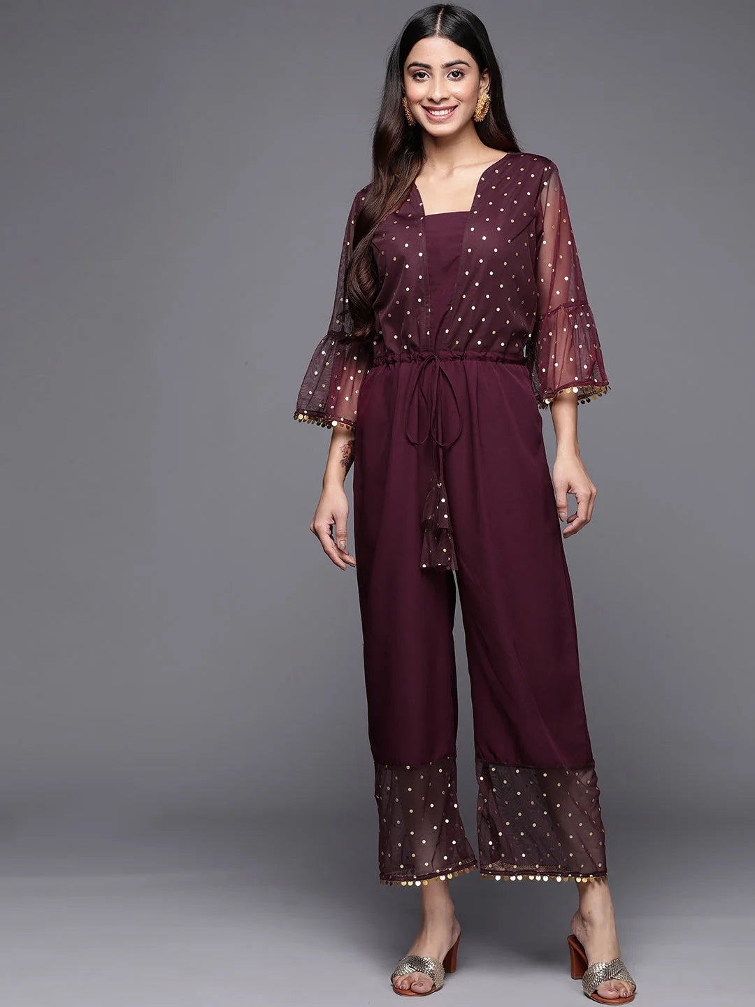 Burgundy Polka Dots Printed Jumpsuit With Waist Tie-Ups-AHJSNTFP-51