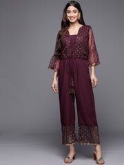 Burgundy Polka Dots Printed Jumpsuit With Waist Tie-Ups-AHJSNTFP-51