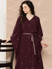 Burgundy Floral Printed Belted Detail Kaftan Kurta-AHKFCRGP-6074-ICH