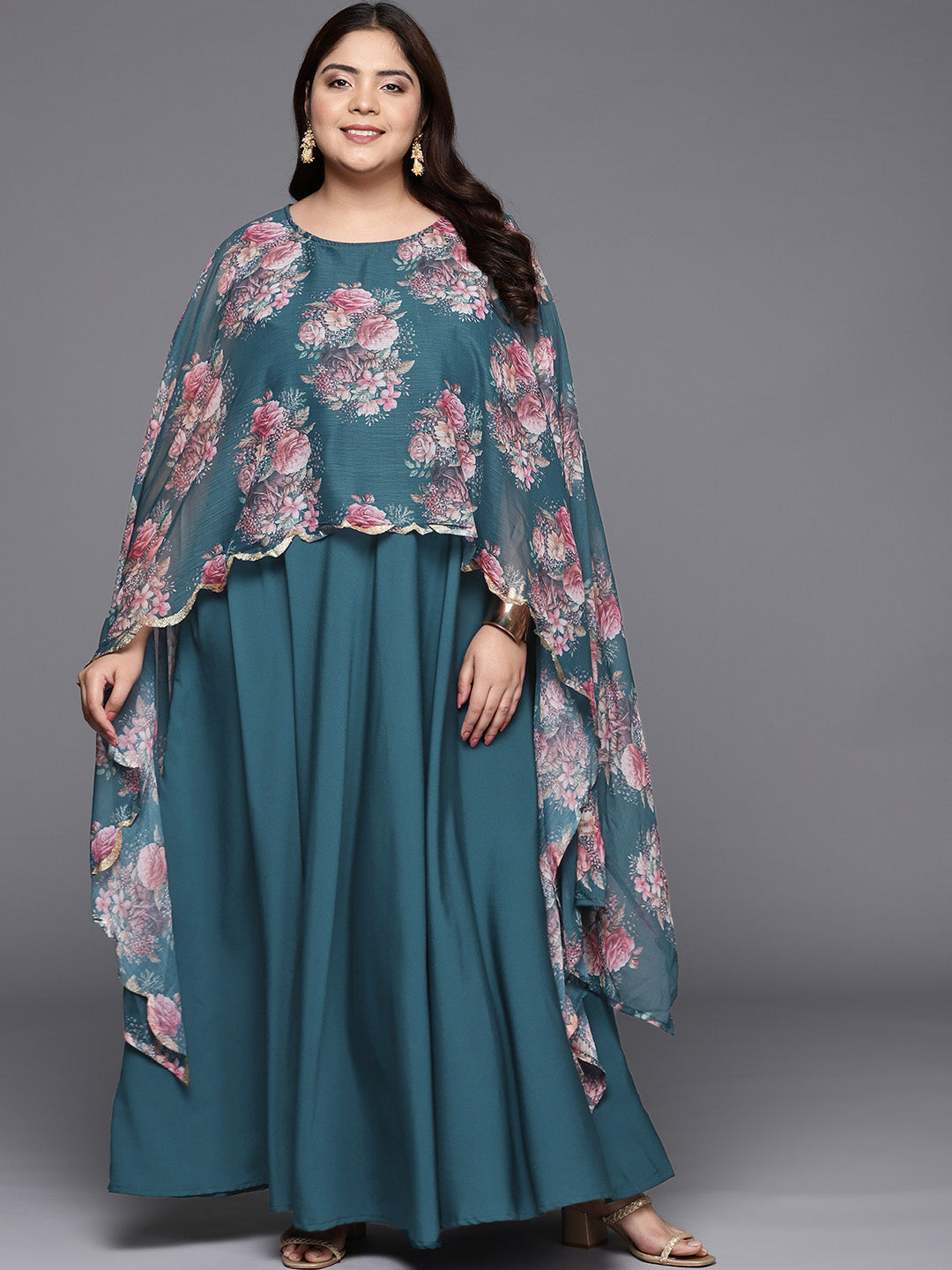 Green Printed Maxi Dress with Cape | Indian Dresses Online