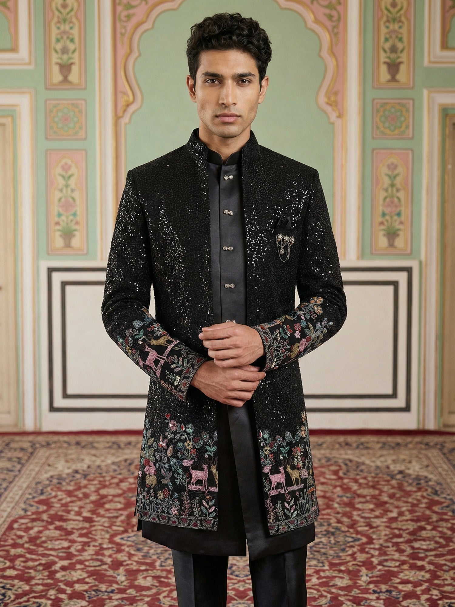 DesiQlo Men Embroidered Indo Western Set - Black - 50JIND_127Black_S
