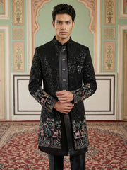 Men’s Black Heavily Embroidered Indo-Western Set ( 50JIND 127Black S )