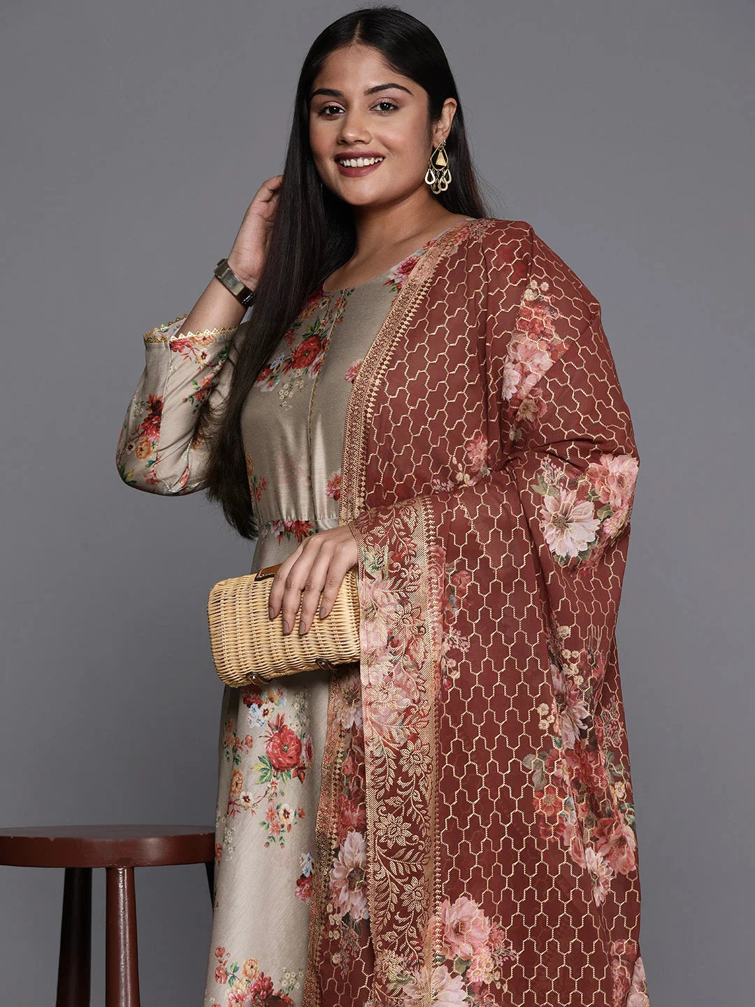 Brown Floral Print Plus Size Indian Dresses with Dupatta