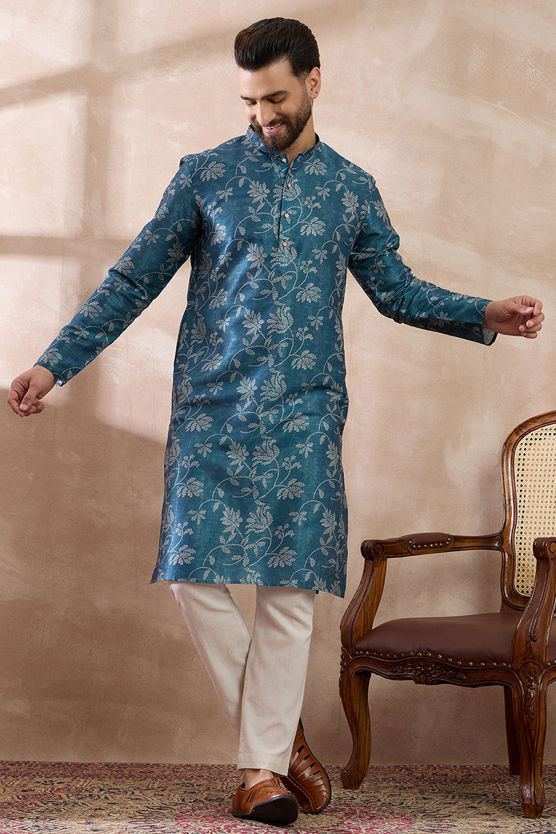 Blue Silk Blend Printed Mandarin Collar Straight Kurta MKU1998