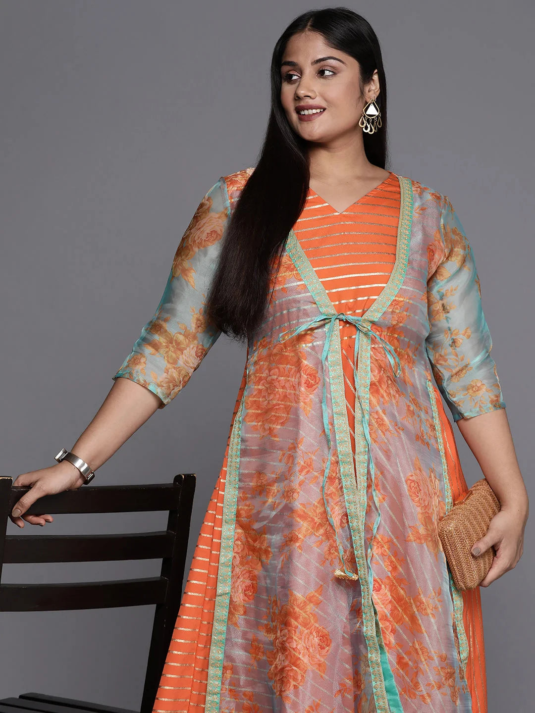 Orange, Gold & Green Printed Plus Size Maxi Ethnic Dress-AP-AHKUCRFP-871
