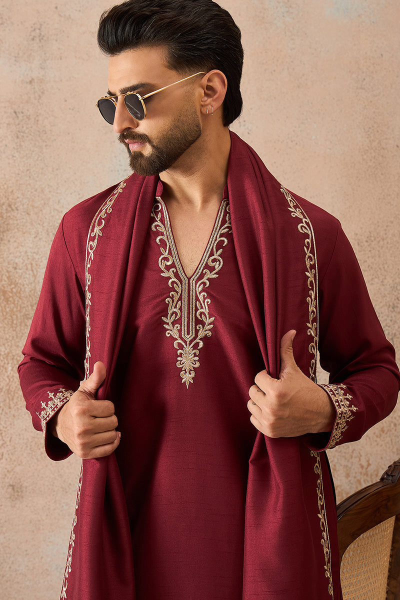 Maroon Silk Blend Solid Embroidered Kurta With Dupatta MKUD1036