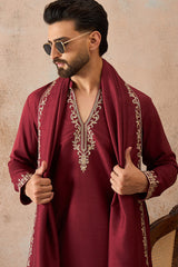 Maroon Silk Blend Solid Embroidered Kurta With Dupatta MKUD1036