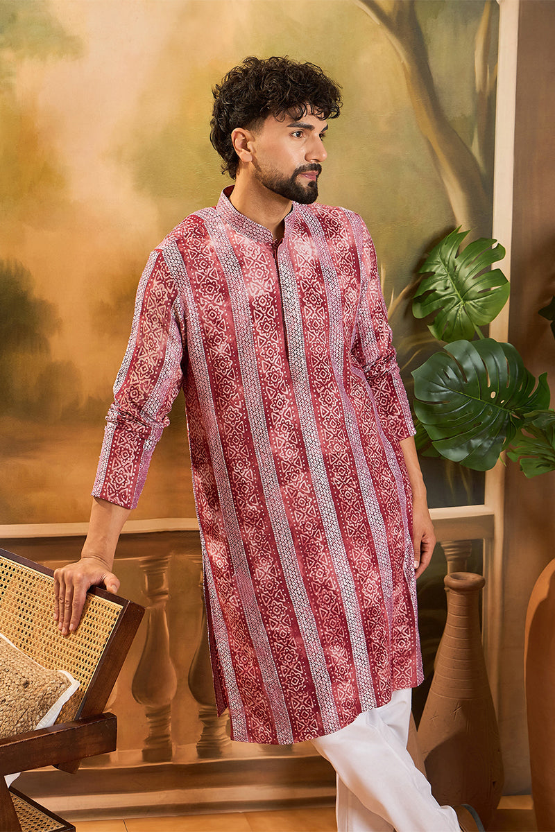 Red Viscose Rayon Batik Embroidered Straight Kurta MKU1482