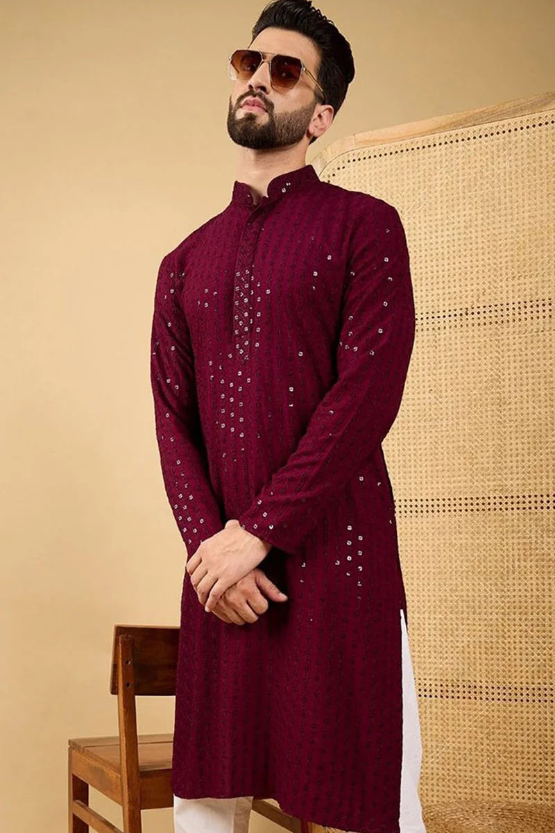 Maroon Embroidered Viscose Rayon Indian Kurta for Men