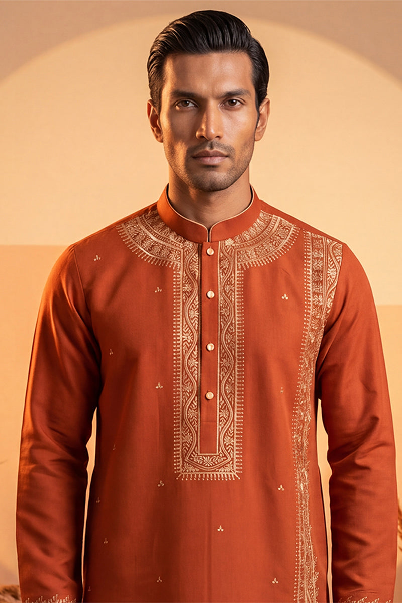 Orange Silk Blend Solid Emboidered Straight Kurta With Trouser MKSET2371