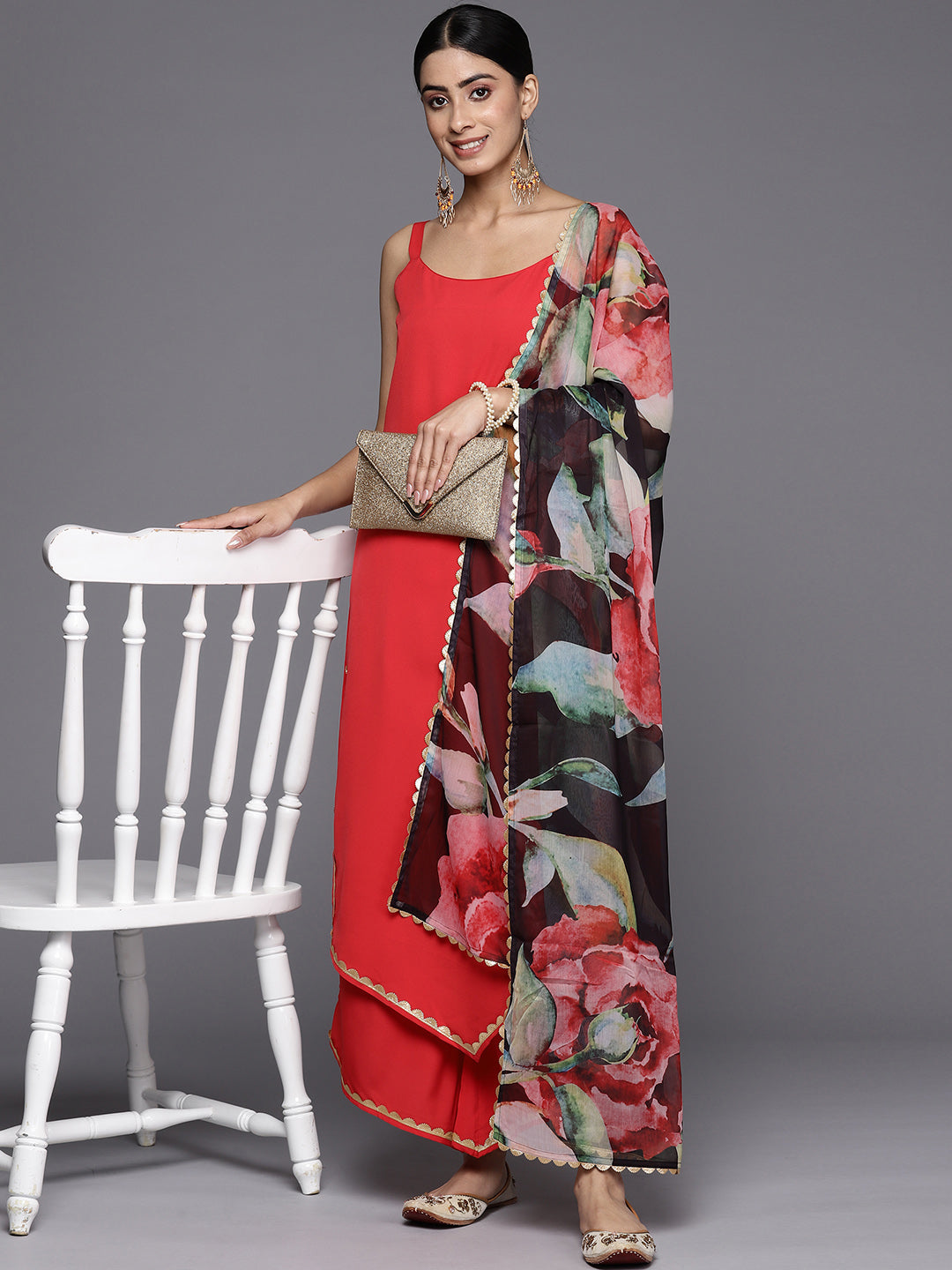 Black Floral Kurta Palazzo Set with Dupatta - Women's Style