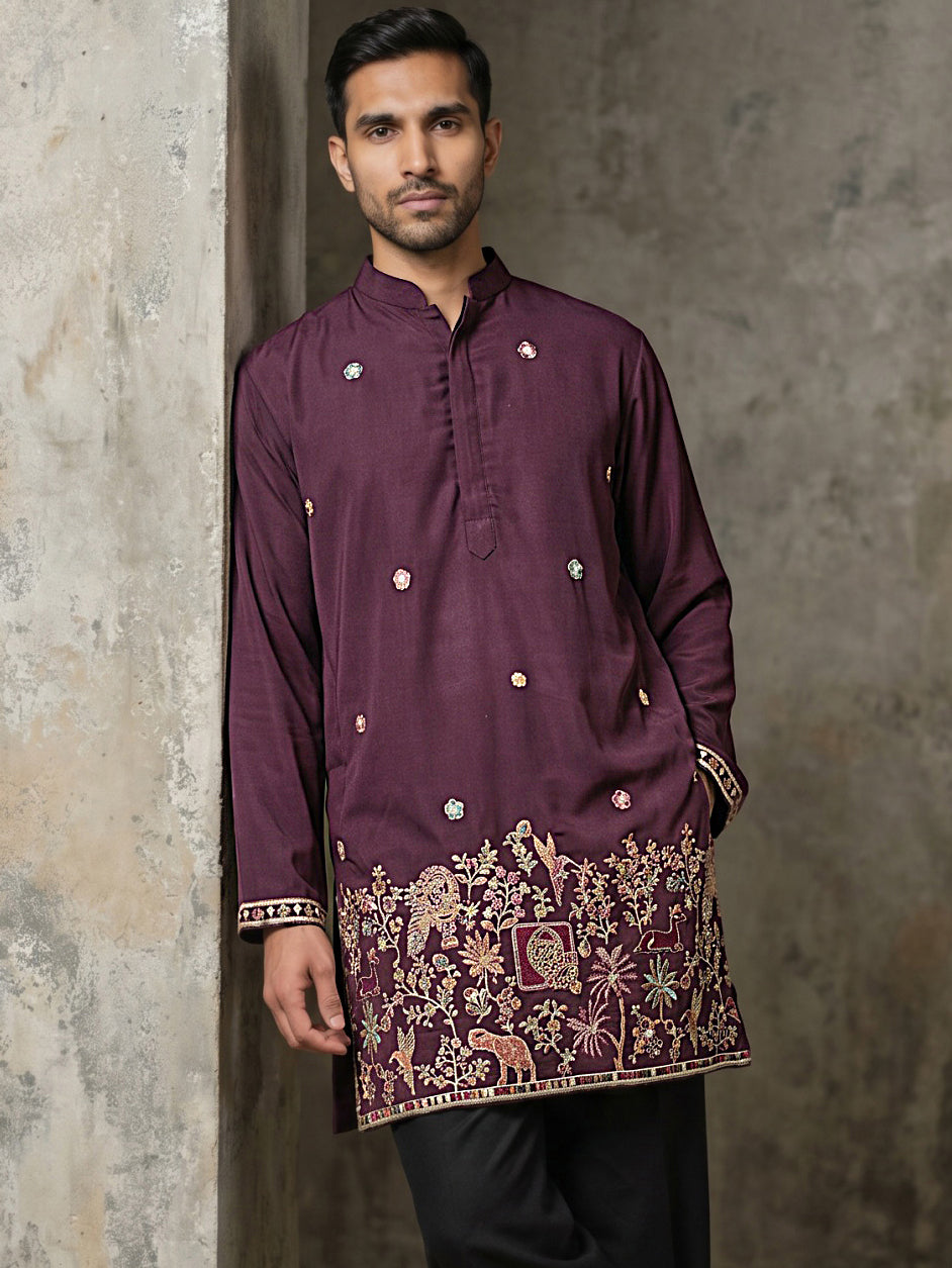 DesiQlo Men Embroidered Kurta Only - Purple - 65KO_5597Purple_S