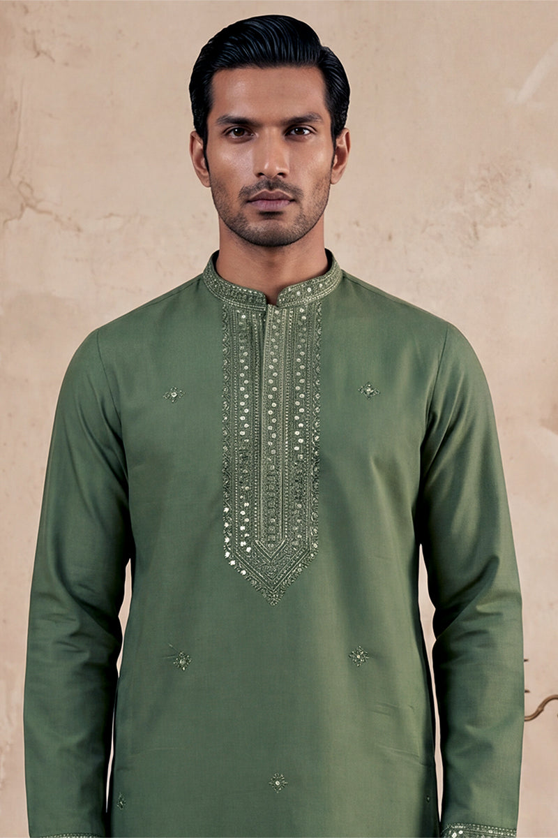 Green Silk Blend Solid Emboidered Sequins Kurta MKU2276