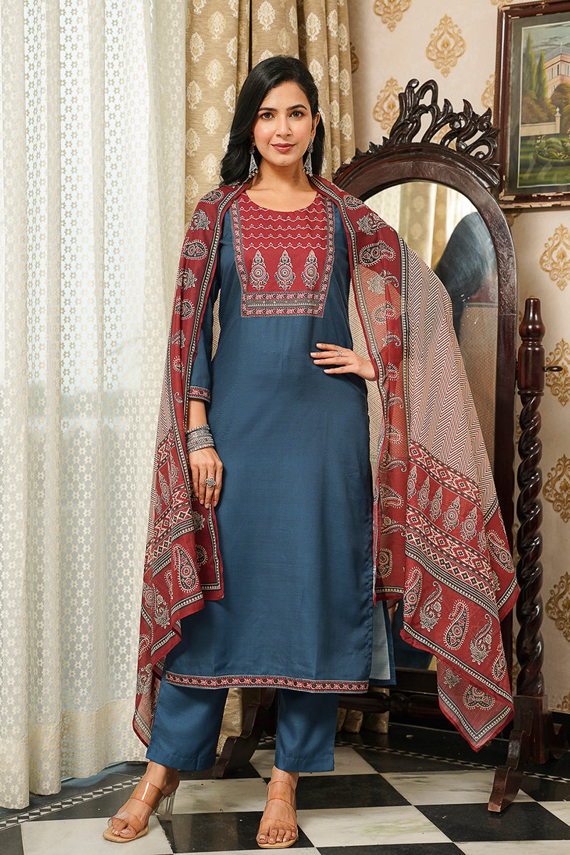 Blue Rayon Blend Ajrakh Printed Straight Kurta Trousers With Dupatta PKSKD3089