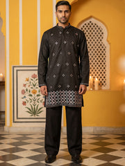 Silk Blend Embroidered Kurta & Korean Pants Set ( 65KP PJ11B 5598Black ) [FF] [G-4]
