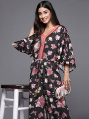 Black Floral Printed Jumpsuit With Lace Inserts-AHJSCRDP-53