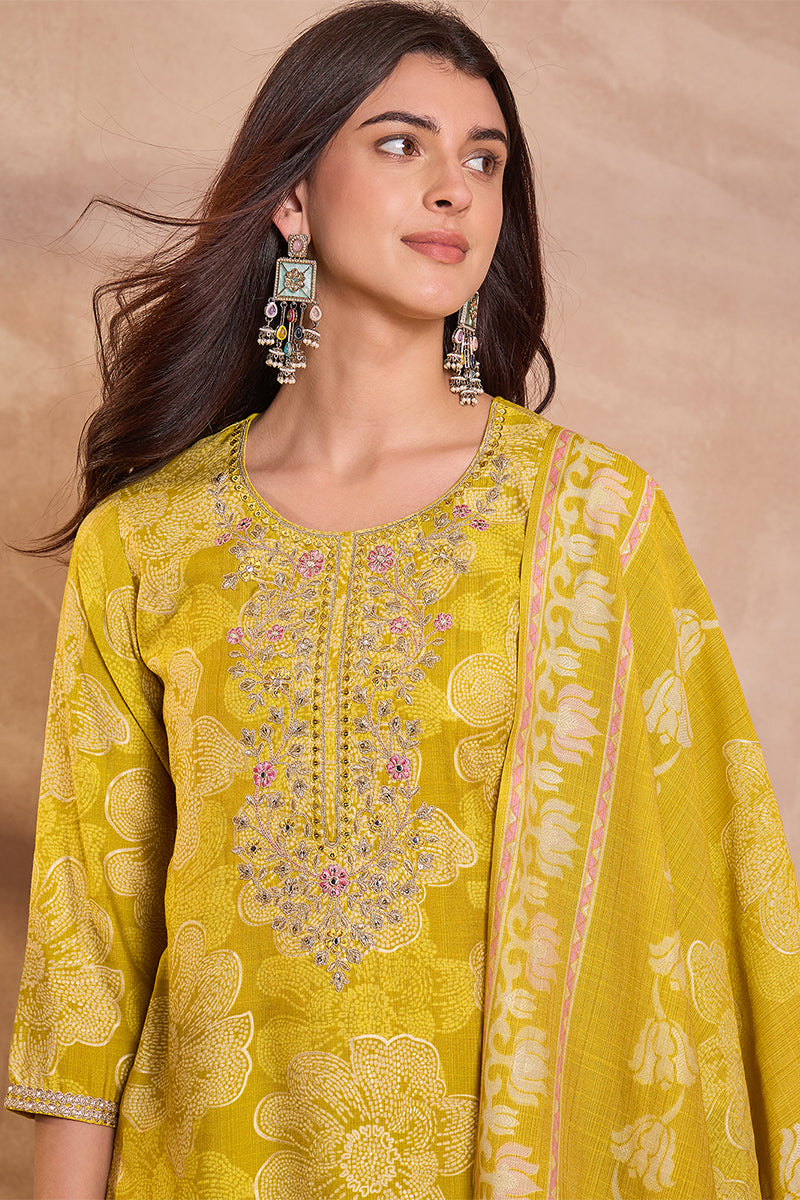 Yellow  Floral Printed Straight Kurta Trouser With Dupatta VKSKD3209