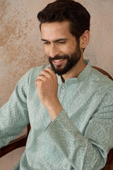 Green Linen Blend Geometric Woven Design Kurta MKU2365