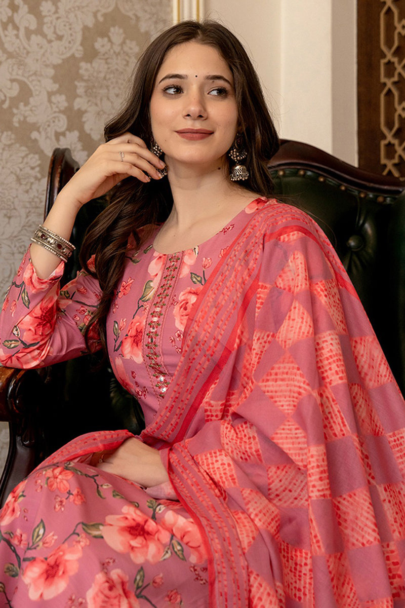 Pink Rayon Blend Floral Printed Straight Trouser Bottom Suit Set PKSKD